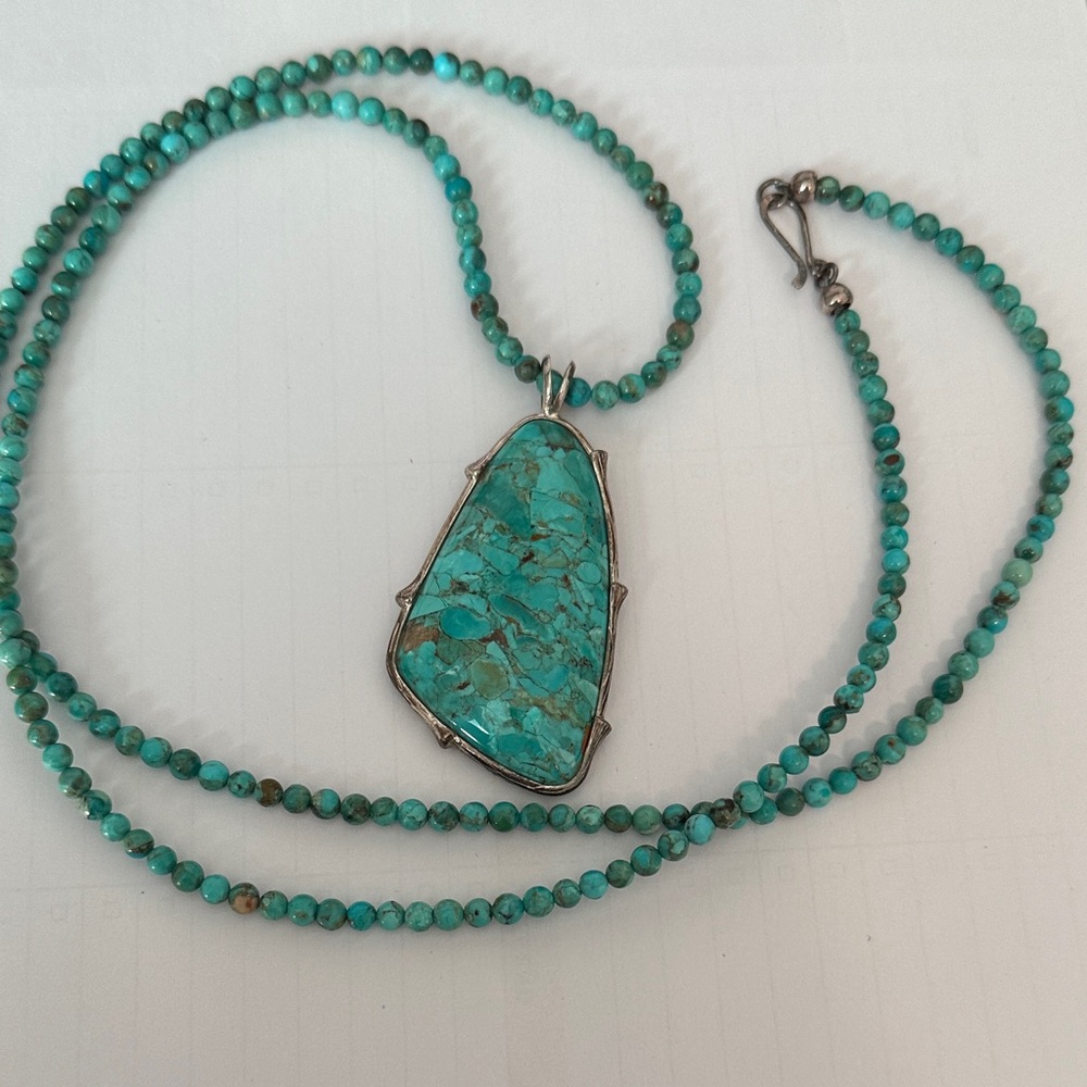 Large Natural Turquoise Pendant Necklace   Sterling Silver 925 Southwest